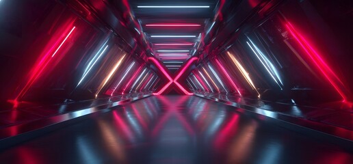 Poster - Futuristic Corridor with Neon Lighting and Reflective Surfaces