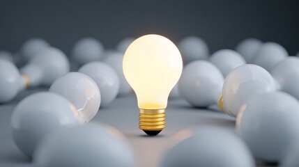 Poster - A glowing light bulb stands out among several unlit bulbs, symbolizing ideas and innovation amidst a sea of potential.
