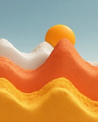 Aufkleber - Minimalist Abstract Landscape with Layered Colored Sand Hills and Sun Sphere, Modern Artistic Composition for Creative Visual Design
