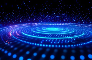Poster - Concentric circles of glowing blue dots on a dark background, creating a futuristic and dynamic visual effect.