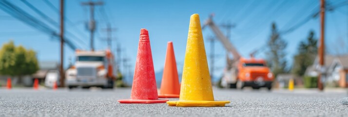 Poster - Vibrant Traffic Safety Cones and Utility Trucks Managing Fallen Power Lines on Roadway Bright Daylight Emergency Response and Infrastructure Repair Scene