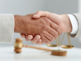 Poster - Diverse Immigration Lawyers Shaking Hands Over Contract with Gavel and Scales Symbolizing Justice, Trust, and Successful Legal Resolution in Modern Practice
