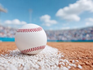 Poster - Crisp Close-Up of First Pitch Baseball on White Baseline with Clay Field Texture in Professional Stadium - Sports Marketing and Americana Tradition