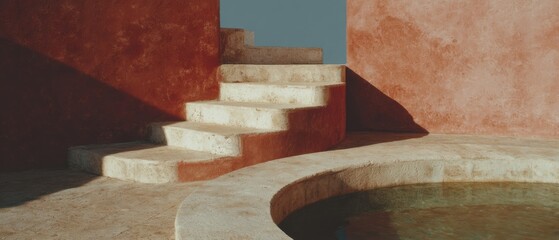 Poster - Minimalist Concrete Staircase and Curved Pool in Warm Earth Tones with Soft Natural Light - Modern Architecture and Sustainable Design Aesthetic