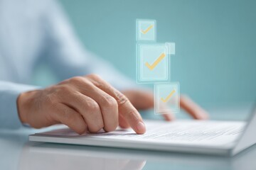 Leinwandbilder - Vibrant digital certification review with floating approval icons in tropical sunlit office, symbolizing automated quality and online document validation