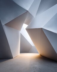 Fototapete - Abstract architectural space with geometric white walls and soft natural lighting, showcasing modern minimalism and futuristic design trends in contemporary interiors