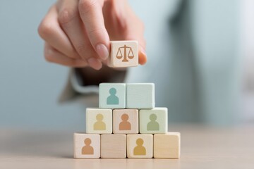 Aufkleber - Modern Corporate Concept of Collective Bargaining with Wooden Blocks and Justice Scale Symbolizing Labor Law and Employee Rights Balance