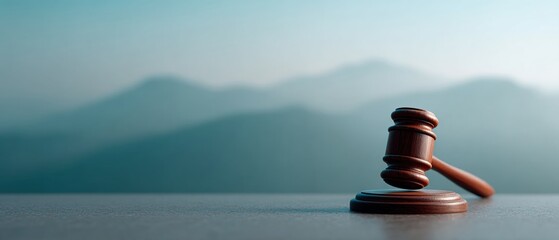 Poster - Modern Legal Symbolism with Wooden Judges Gavel and Scales of Justice on Polished Table - Representing Fairness and Judicial Integrity