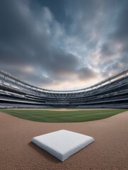 Poster - Majestic Baseball Stadium Interior with Dramatic Sky Behind Home Plate, Iconic American Sports Venue for Modern Sports Marketing and Branding
