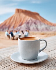 Fototapete - Modern Networking Moment Coffee Cup on Rustic Wood with Outdoor Business Meeting in Sunlit Desert Setting, Inspiring Casual Professional Connections