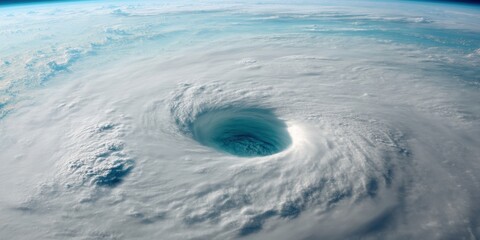Poster - Aerial view of massive hurricane eye spiral from space with Earths atmospheric curvature, symbolizing climate crisis and extreme weather awareness