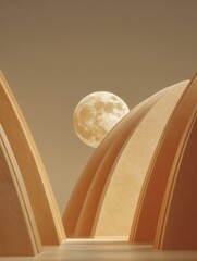 Poster - Moonrise over Arch-shaped Structures with Smooth Textures in Warm Twilight - Modern Architectural for Contemporary Design Branding