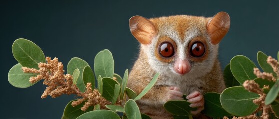Poster - Nocturnal Goodmans Mouse Lemur with Large Reflective Eyes Perched on Branch in Dense Foliage, Symbolizing Biodiversity and Wildlife Conservation