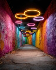 Poster - Neon Ring Lights Illuminate Vibrant Graffiti Brick Alleyway at Night - Urban Art Scene for Music Promotion and Creative Branding Trends