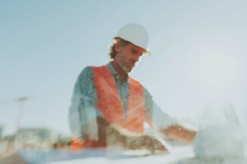 Aufkleber - Digital Twin Engineer Using Advanced Modeling Software for Collaborative Construction Planning with Safety Gear in Modern Building Technology