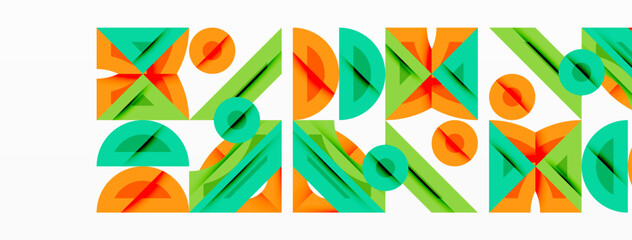 Fototapete - Abstract geometric shapes, orange, green. Minimalist design, repeating pattern, clean lines, modern aesthetic. White background provides contrast.