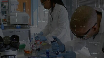 Poster - Lab scientists pressing pipette plunger and aspirating sample while pouring red reagent for assay