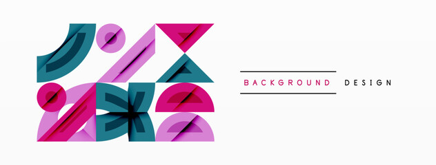 Fototapete - Abstract geometric shapes overlap, creating vibrant visual composition. Pink, teal, blue hues dominate design. Minimalist aesthetic.