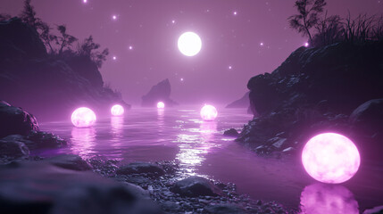 Poster - Enchanting river scene illuminated by a myriad of glowing orbs floating gracefully on the surface.