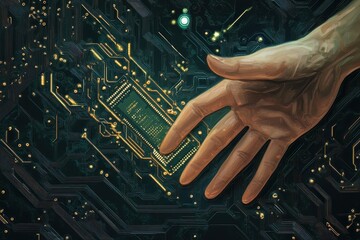 Poster - A hand reaching over a digital circuit board, A hand reaches across a digital circuit board