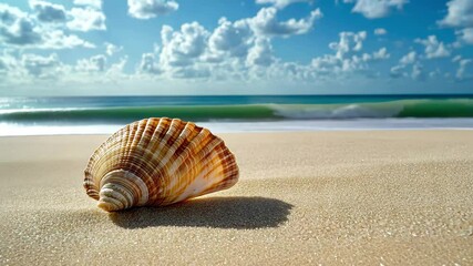 Wall Mural - Seashell resting on sandy beach under bright sunlight and blue sky with gentle ocean waves, Seashell sits on sandy beach under blue sky, with sunlight creating shadows
