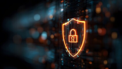 Poster - Digital Security Shield with Lock Icon Illuminated on a Futuristic Background