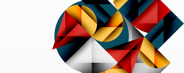 Fototapete - Abstract geometric shapes overlap, creating dynamic composition. Red, yellow, blue dominate white background. Modern design.