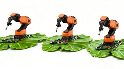 Poster - Robotic arms on leaves with circuit boards symbolize technological advancements