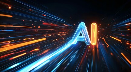 Poster - Dynamic AI Text with Radiant Light Trails in a Futuristic Setting