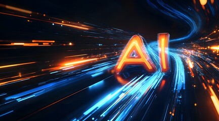 Poster - Dynamic AI Text with Radiant Light Trails in a Futuristic Setting