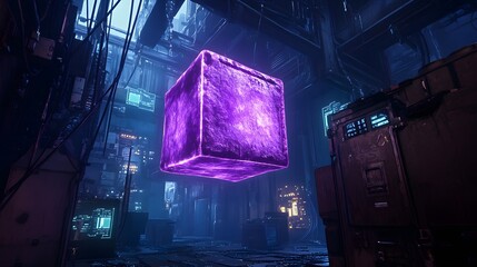 Poster - Glowing Purple Cube Suspended in a Futuristic Industrial Setting