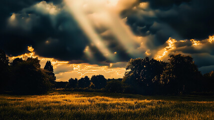 Poster - A picturesque field featuring trees bathed in sunlight with a beautiful sunbeam streaming down.