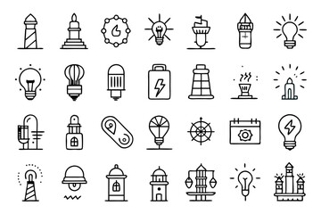 collection of line icons depicting lighting fixtures and flash illumination isolated on transparent 