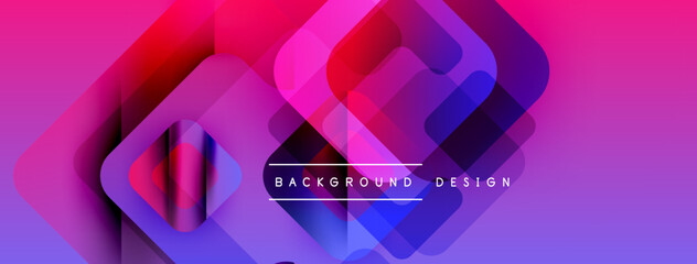 Poster - Abstract geometric shapes overlap, creating vibrant purple, pink, blue gradients. Text reads background design centrally positioned.