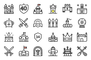 Poster - Medieval king knight line icons set isolated on transparent background