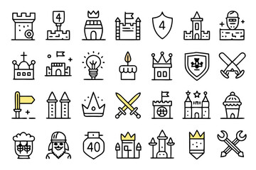 Poster - Medieval ancient king knight line icons set isolated on transparent background