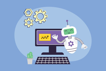 Poster - A robot stands beside a computer with a chart displayed on the screen gears in the background