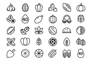Poster - Collection of line icons depicting nuts seeds beans and walnuts isolated on transparent background