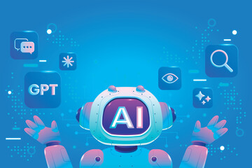 Poster - A robotic AI figure stands centrally surrounded by digital icons