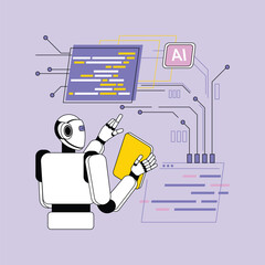 Poster - A white robot holds a yellow device amid diagrams lines and computerstyle visual elements