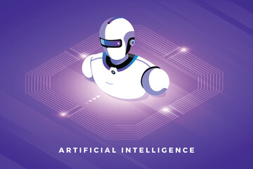 Poster - A white robot bust floats in a purple space surrounded by glowing circuits and Artificial Intelligence text at the bottom