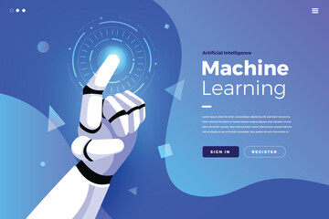 Poster - AI  Machine Learning design a robotic hand interacts with tech interface on a blue gradient background