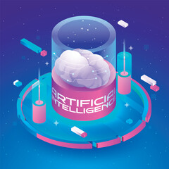 Poster - Brain housed under glass dome with geometric shapes surrounded by platform on starry field