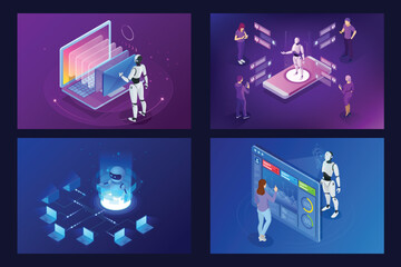 Poster - Four digital tech panels AI robot  humans use laptop phone  monitor in a futuristic connected network
