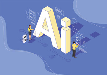Poster - Isometric scene with AI in large letters a woman a robot and a man interacting with diagrams on a patterned blue surface