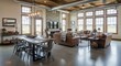 © underground - Rustic living room with stone fireplace, leather sofas, and industrial-style dining table