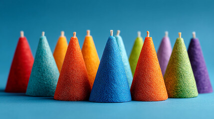 A group of colorful cone shaped objects with wicks on top arranged on a blue background studio shot.