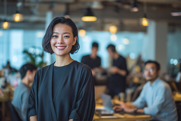 Poster - A woman is smiling and posing for a picture in a busy office. The office is filled with people working on their laptops and using their cell phones. The atmosphere is lively and bustling