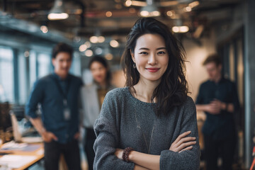 Poster - A woman is standing in a room with other people. She is smiling and looking at the camera