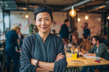 Poster - A woman is posing for a picture in a restaurant with a group of people around her. She is wearing a black and white striped shirt and is smiling. The atmosphere of the image is casual and friendly